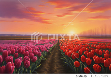 Beautiful view of the red and pink tulip field...のイラスト素材 [103007069 ...