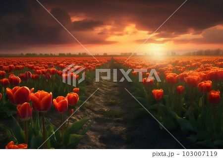 Beautiful view of the red tulip field at...のイラスト素材 [103007119] - PIXTA