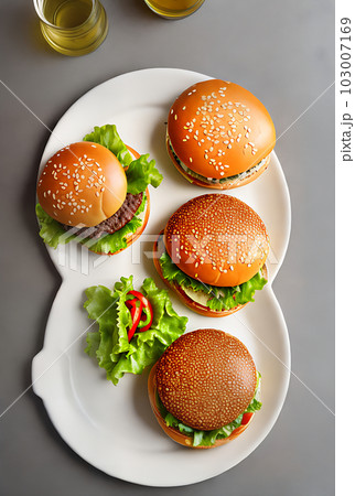 Organic burgers, high detail, classic kitchen. 103007169