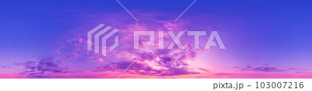 Blue sky panorama with magenta Cirrus clouds in Seamless spherical equirectangular format. Climate and weather change. 103007216