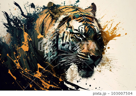 Image of a tiger face in diffused color form. Wildlife Animals. Illustration. Generative AI. 103007504