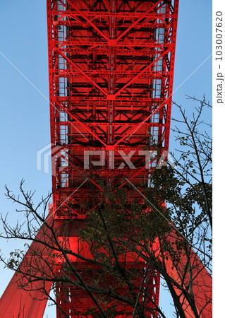 夕暮れ時に赤く光る若戸大橋 103007620