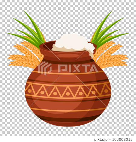 Traditional clay pot with rice, sugarcane and wheat for Happy Pongal harvest festival celebration card Traditional clay pot with rice, sugarcane and wheat for Happy Pongal harvest festival celebration card 103008013