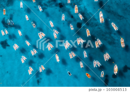 Aerial view of many motorboats on blue sea at sunset in summer 103008513