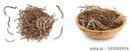 Dried Valerian root isolated on white background. Valeriana officinalis with full depth of field. Top view. Flat lay 103008954