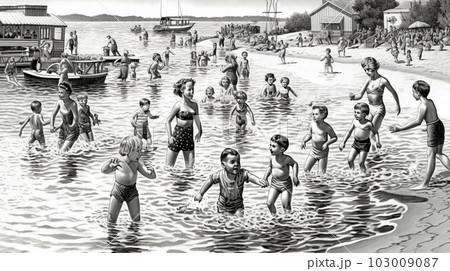 Painting with children and parents on the beach at the lake, they play in the water, sunny day, Generated AI 103009087