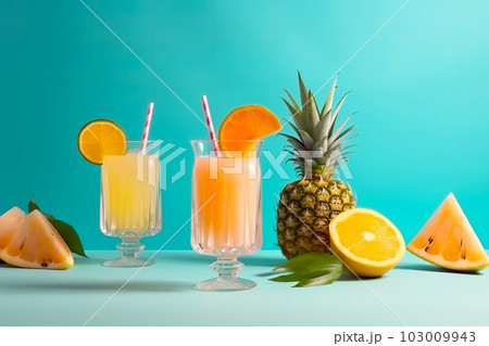 Tropical cocktail set on minimal pastel background. Generative AI illustration 103009943