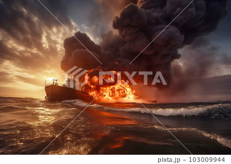 Cargo ship explosion with fire and smoke. Generative AI illustration Cargo ship explosion with fire and smoke. Generative AI illustration 103009944