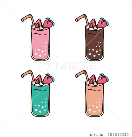 Refreshing milkshake with straw. Chocolate, vanilla, mint, strawberry. Doodle Vector illustration. 103010339