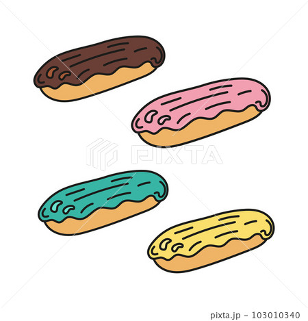 Set eclairs with different icing isolated. Doodle Vector illustration. Concept sweets shop, cafe. 103010340