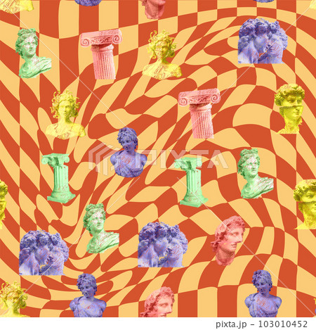 Antique ancient greek human statue, roman column, greek sculpture, checkerboard pattern seamless pattern 103010452