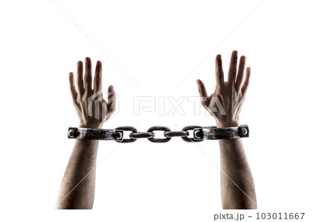 Shackled hands isolated on white background with clipping path 103011667