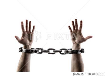 Shackled hands isolated on white background with clipping path 103011668