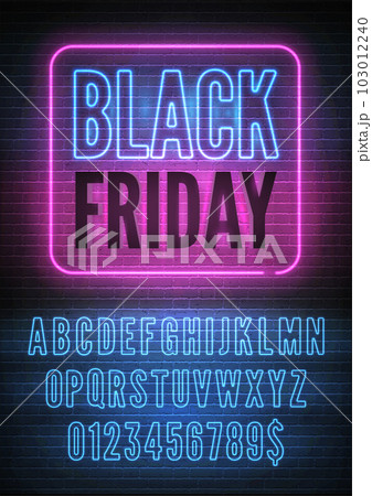 Black Friday sign with blue pink neon alphabet on brick wall background. Night light glowing effect font with numbers. Vector illustration Black Friday sign with blue pink neon alphabet on brick wall background. Night light glowing effect font with numbers. Vector illustration 103012240