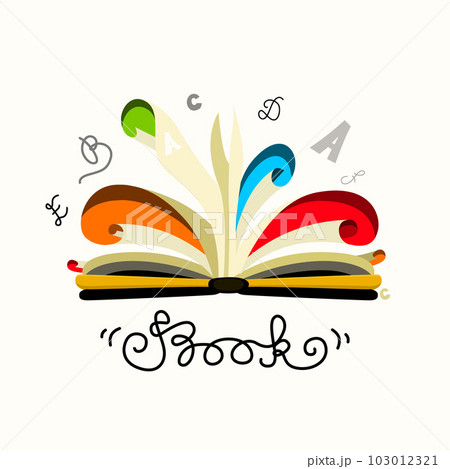 Open book icon with colorful pages and letters isolated - vector 103012321