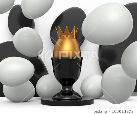 Unique gold egg in royal king crown in ceramic eggcup and scattered white eggs Unique gold egg in royal king crown in ceramic eggcup and scattered white eggs 103013878
