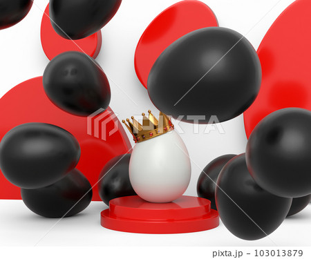 Unique white egg in royal gold crown on podium and scattered black eggs 103013879