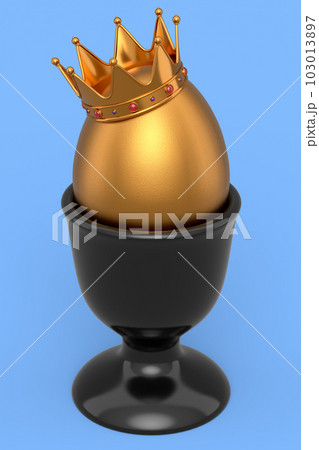 Farm gold egg with gold royal king crown in ceramic egg cup for breakfast Farm gold egg with gold royal king crown in ceramic egg cup for breakfast 103013897