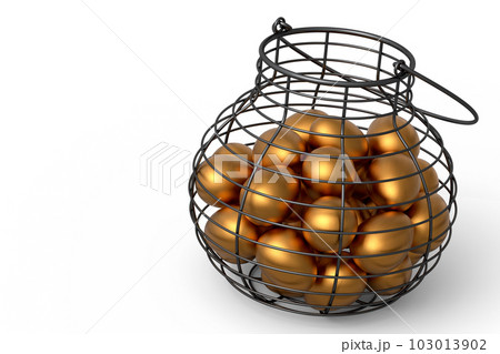 Luxury gold eggs in metal basket or paper cardboard for morning breakfast 103013902
