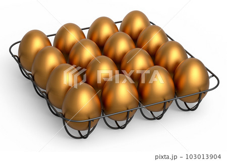 Luxury gold eggs standing in metal tray for morning breakfast 103013904