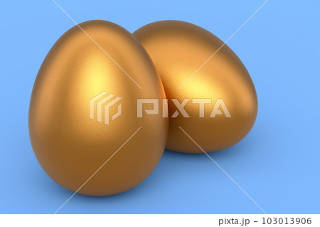 Luxury gold chicken eggs isolated on blue background Luxury gold chicken eggs isolated on blue background 103013906