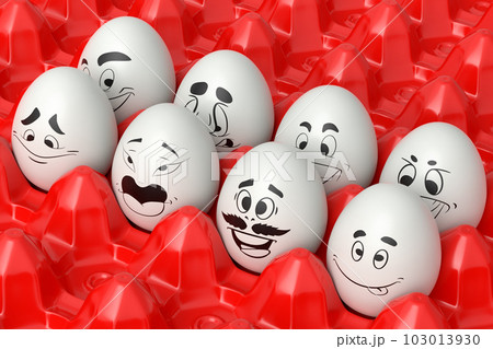 Farm white egg with expressions and funny face in plastic tray or cardboard 103013930