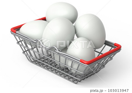 Farm raw organic white sugar-coated eggs for breakfast in metal wire basket Farm raw organic white sugar-coated eggs for breakfast in metal wire basket 103013947