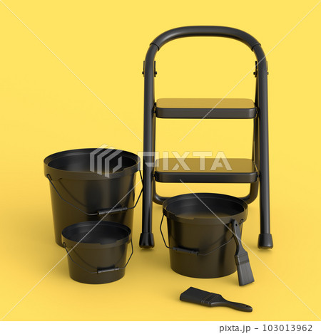 Set of folding ladder, bucket with paint rollers and brushes on monochrome. Set of folding ladder, bucket with paint rollers and brushes on monochrome. 103013962
