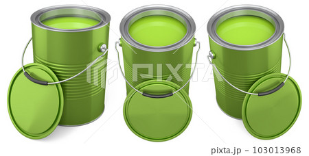 Set of metal cans or buckets of paint with handle on white background. Set of metal cans or buckets of paint with handle on white background. 103013968