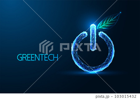 Futuristic concept of greentech, esg, sustainale energy activation with power button and green leaf Futuristic concept of greentech, esg, sustainale energy activation with power button and green leaf 103015432