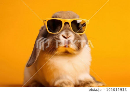 Adorable rabbit with stylish shades looking cool and playful. Vibrant yellow background adds a pop of color. AI Generative. Adorable rabbit with stylish shades looking cool and playful. Vibrant yellow background adds a pop of color. AI Generative. 103015938