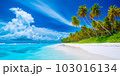A picturesque view of Maldives island's tropical beach, with its soft white sand, swaying palm trees, and crystal-clear turquoise waters, all created by Generative AI 103016134
