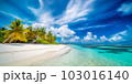 A mesmerizing aerial shot of Maldives island's tropical beach, featuring its white sand, palm trees, turquoise ocean waters, and fluffy clouds, generated by Generative AI 103016140