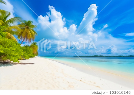 A picturesque view of Maldives island's tropical beach, with its soft white sand, towering palm trees, and pristine turquoise waters, all created by Generative AI A picturesque view of Maldives island's tropical beach, with its soft white sand, towering palm trees, and pristine turquoise waters, all created by Generative AI 103016146