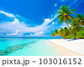 A stunning top-down view of a tropical paradise on Maldives island, with its perfect white sand beach, crystal-clear turquoise waters, and swaying palm trees, created by Generative AI 103016152