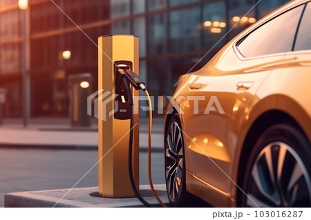 EV charging station for electric car in the concept of green energy and eco power produced from sustainable source to supply to charger station 103016287