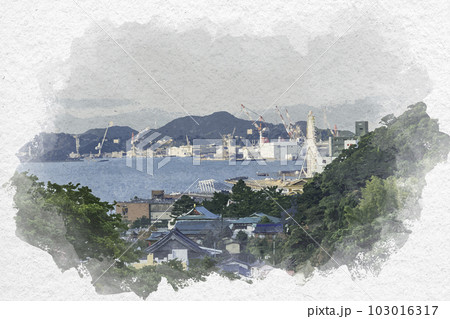 水彩画風　壇ノ浦パーキングエリアから赤間神宮と関門海峡を望む　山口県下関市 103016317