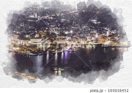 水彩画風 長崎 稲佐山からの世界三大夜景 ベイエリア 長崎県長崎市 水彩画風 長崎 稲佐山からの世界三大夜景 ベイエリア 長崎県長崎市 103016452