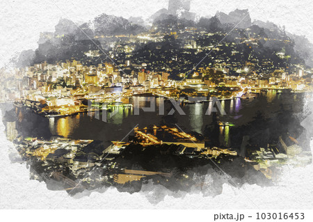 水彩画風　長崎　稲佐山からの世界三大夜景　ベイエリア　長崎県長崎市 103016453