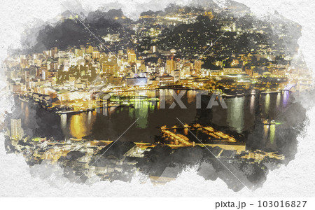 水彩画風　長崎　稲佐山からの世界三大夜景　長崎港　長崎県長崎市 103016827