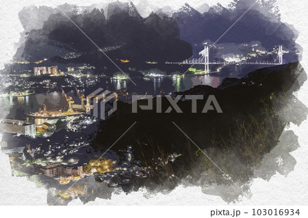 水彩画風　長崎　稲佐山からの世界三大夜景　長崎造船所と女神大橋　長崎県長崎市 103016934