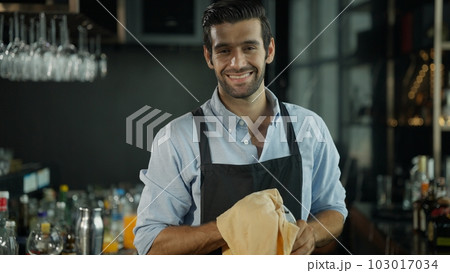 Smart bartender in black apron preparing cocktail 103017034