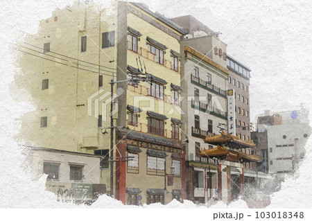 水彩画風 長崎 長崎新地中華街 長崎県長崎市 水彩画風 長崎 長崎新地中華街 長崎県長崎市 103018348