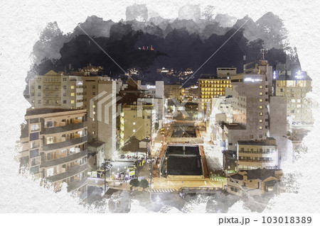 水彩画風 長崎市街地 銅座橋から新地橋 長崎県長崎市 水彩画風 長崎市街地 銅座橋から新地橋 長崎県長崎市 103018389
