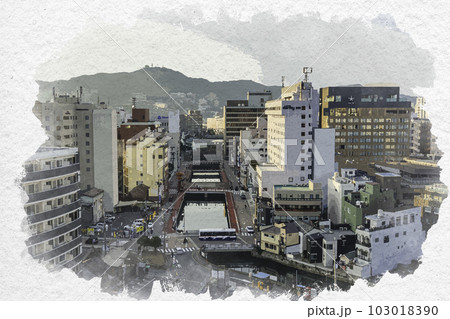 水彩画風 長崎市街地 銅座橋から新地橋 長崎県長崎市 水彩画風 長崎市街地 銅座橋から新地橋 長崎県長崎市 103018390
