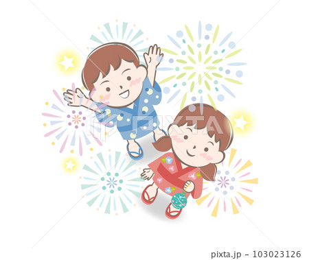 花火を見上げる浴衣姿の子供たち 花火を見上げる浴衣姿の子供たち 103023126