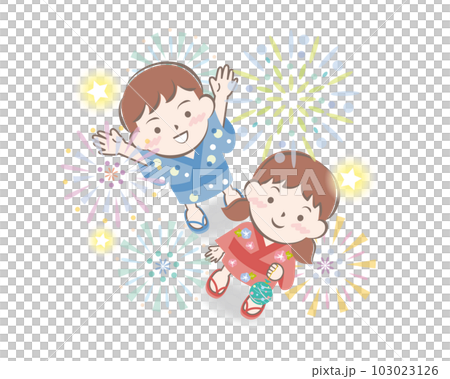 花火を見上げる浴衣姿の子供たち 花火を見上げる浴衣姿の子供たち 103023126