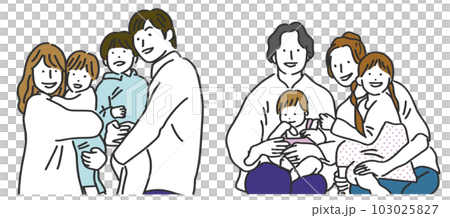 Illustration of a smiling family of four in their 20s and 30s 103025827