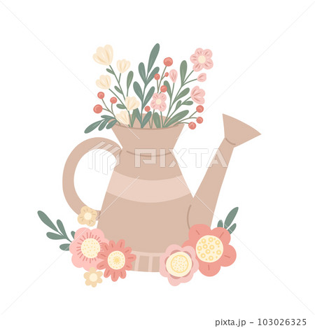 Vector summer card with flat hand drawn illustration of a garden watering can and bouquet of berries, flowers and leaves. Vector summer card with flat hand drawn illustration of a garden watering can and bouquet of berries, flowers and leaves. 103026325