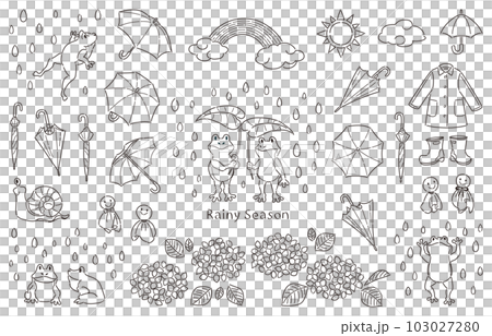 6月　梅雨　カエルや紫陽花などのイラスト素材セット　線画 103027280